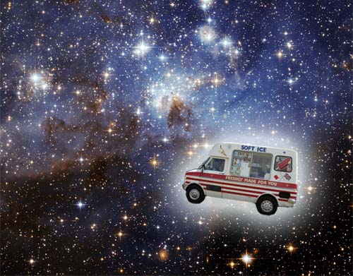 The ice cream van in flight. 