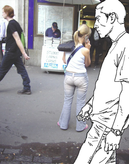 invisible man stares at visible bum. 